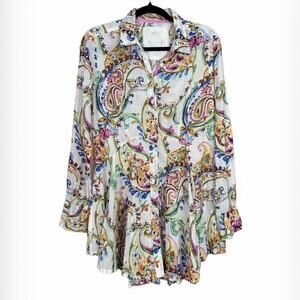 Cino Womens Paisley Print Button Down Tunic Top Long Sleeve Multicolor Sz Small